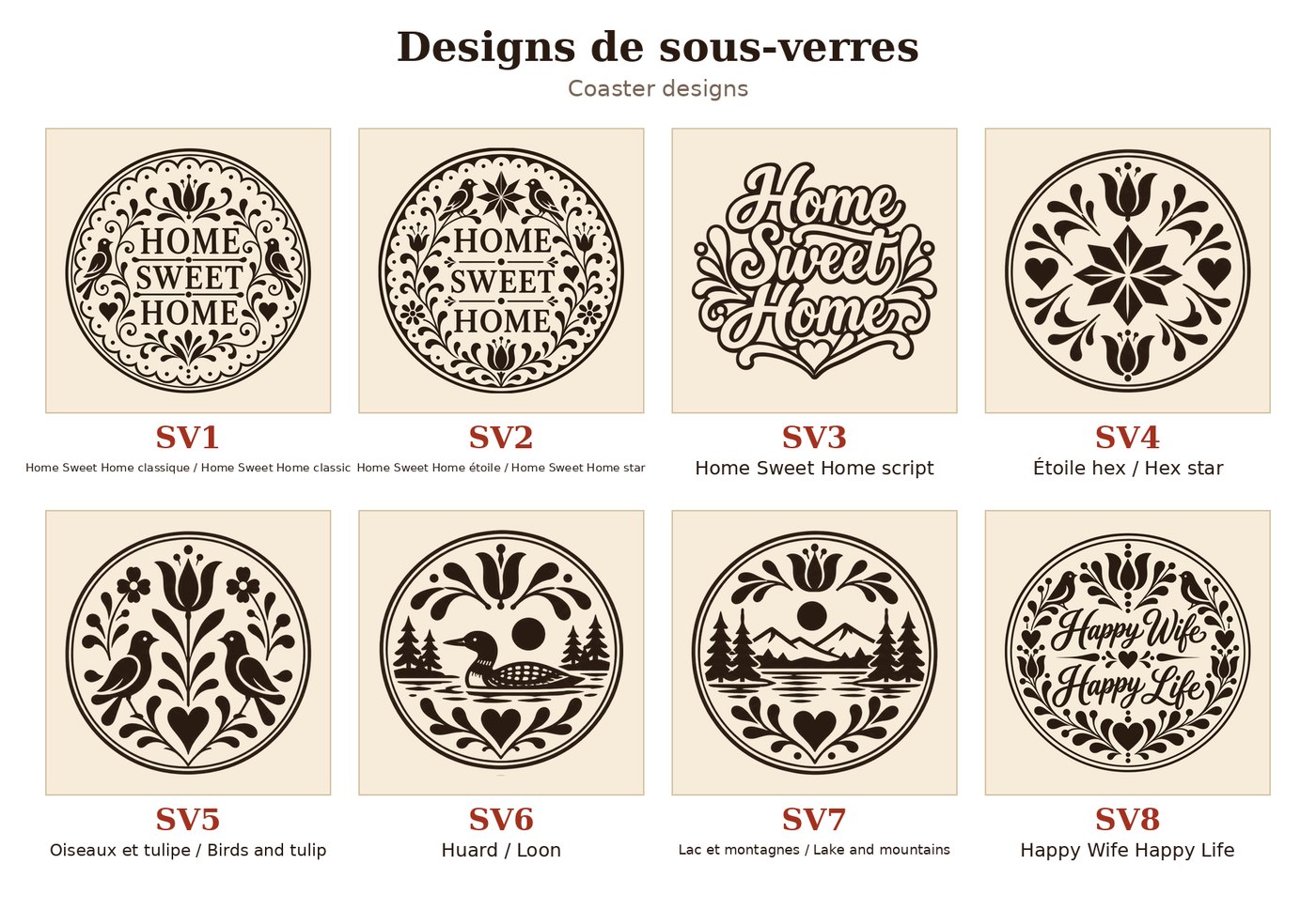 Designs offerts pour les sous-verres et les aimants : SV1 à SV8