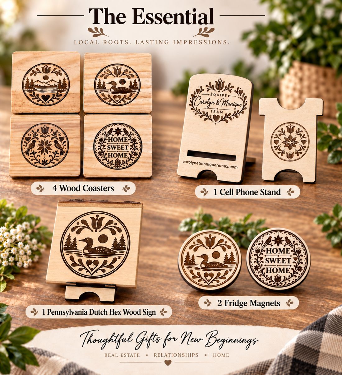 Contenu du panier L'Essentiel : 4 sous-verres, 1 porte-cellulaire, 1 plaque Pennsylvania Dutch et 2 aimants