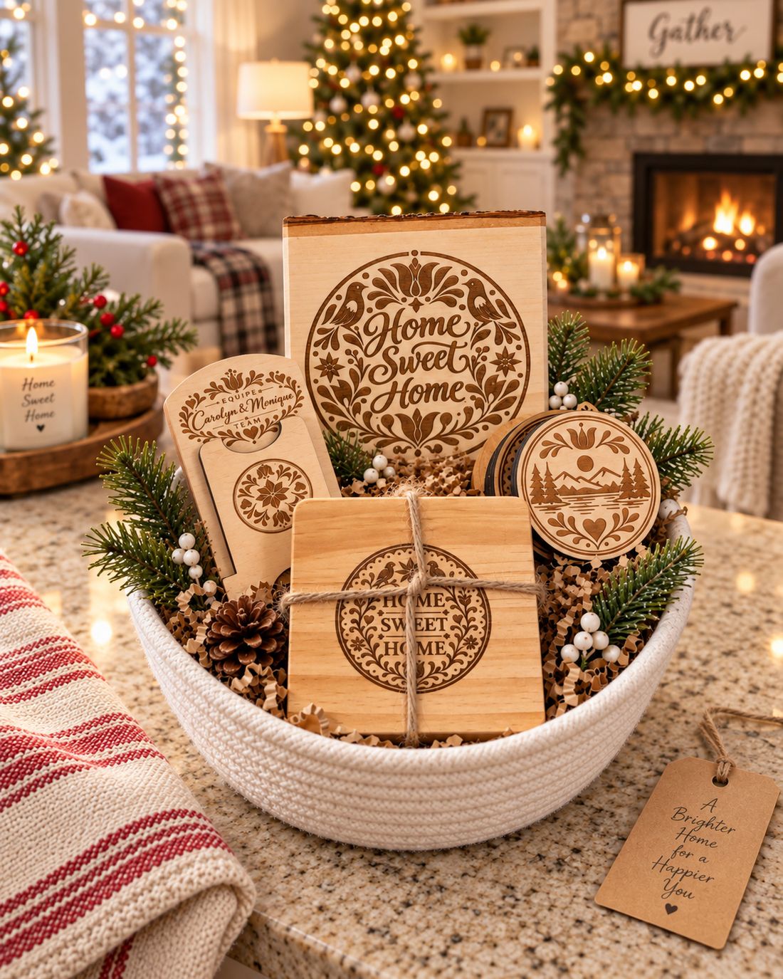 Panier L'Essentiel décoré pour Noël : enseigne Home Sweet Home, sous-verres, aimants et porte-cellulaire gravés