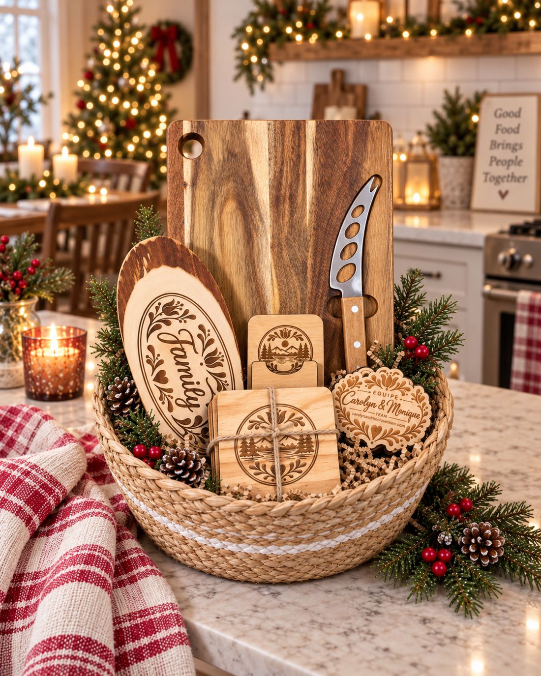 Panier Le Signature décoré pour Noël, avec planche de charcuterie et couteau